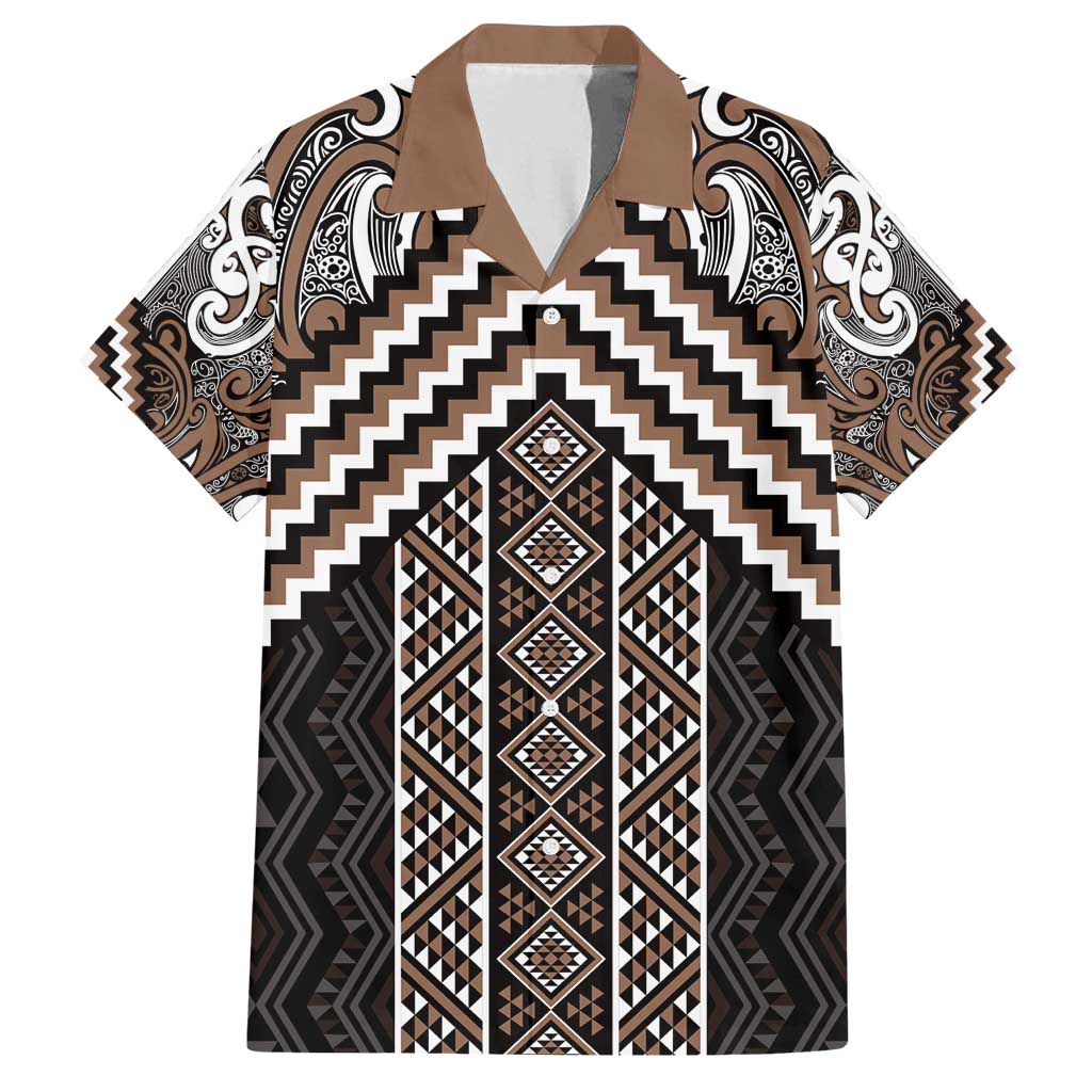 Maori Tukutuku Taniko Motifs Family Matching Tank Maxi Dress and Hawaiian Shirt Brown Poutama Mix Kowhaiwhai LT7 Dad's Shirt - Short Sleeve Brown - Polynesian Pride