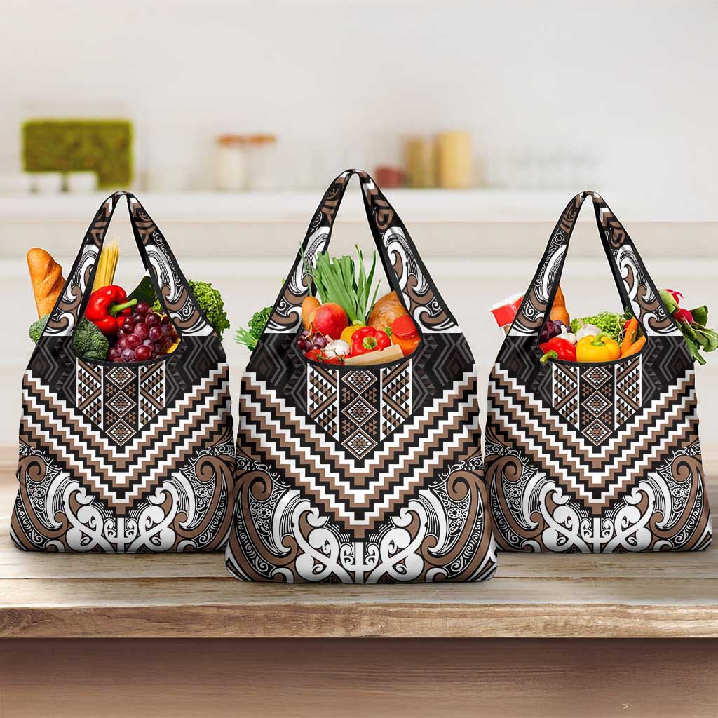 Maori Tukutuku Taniko Motifs Grocery Bag Brown Poutama Mix Kowhaiwhai