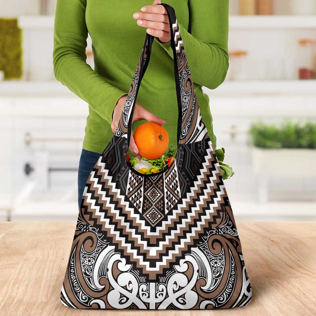 Maori Tukutuku Taniko Motifs Grocery Bag Brown Poutama Mix Kowhaiwhai