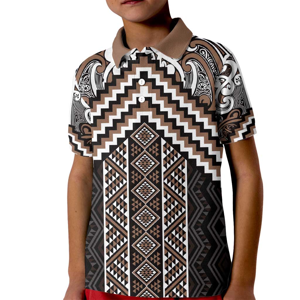 Maori Tukutuku Taniko Motifs Kid Polo Shirt Brown Poutama Mix Kowhaiwhai