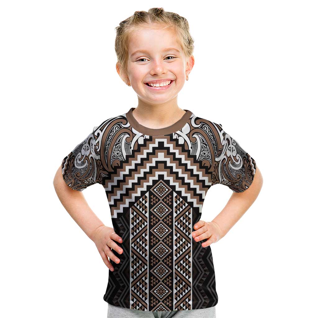 Maori Tukutuku Taniko Motifs Kid T Shirt Brown Poutama Mix Kowhaiwhai