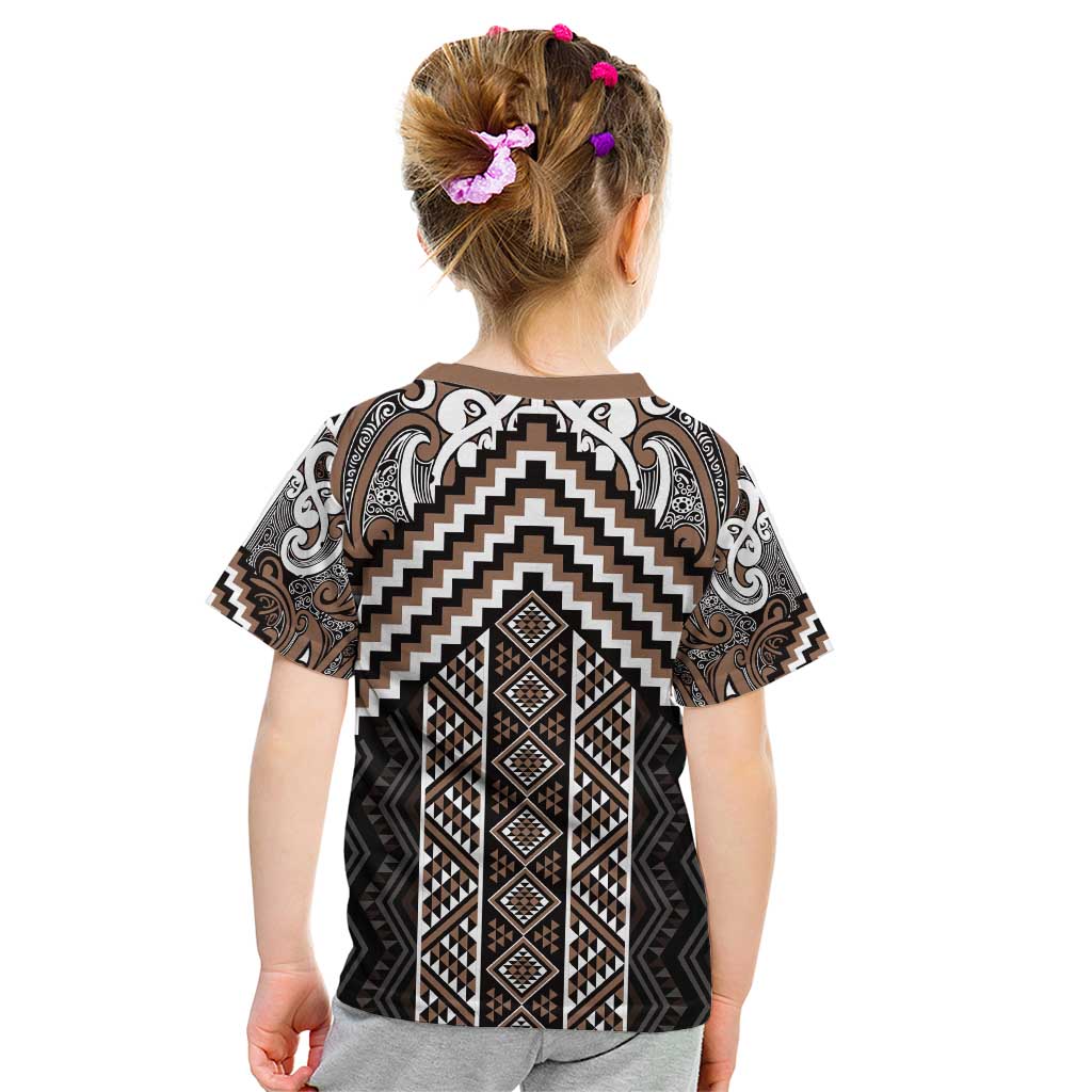 Maori Tukutuku Taniko Motifs Kid T Shirt Brown Poutama Mix Kowhaiwhai