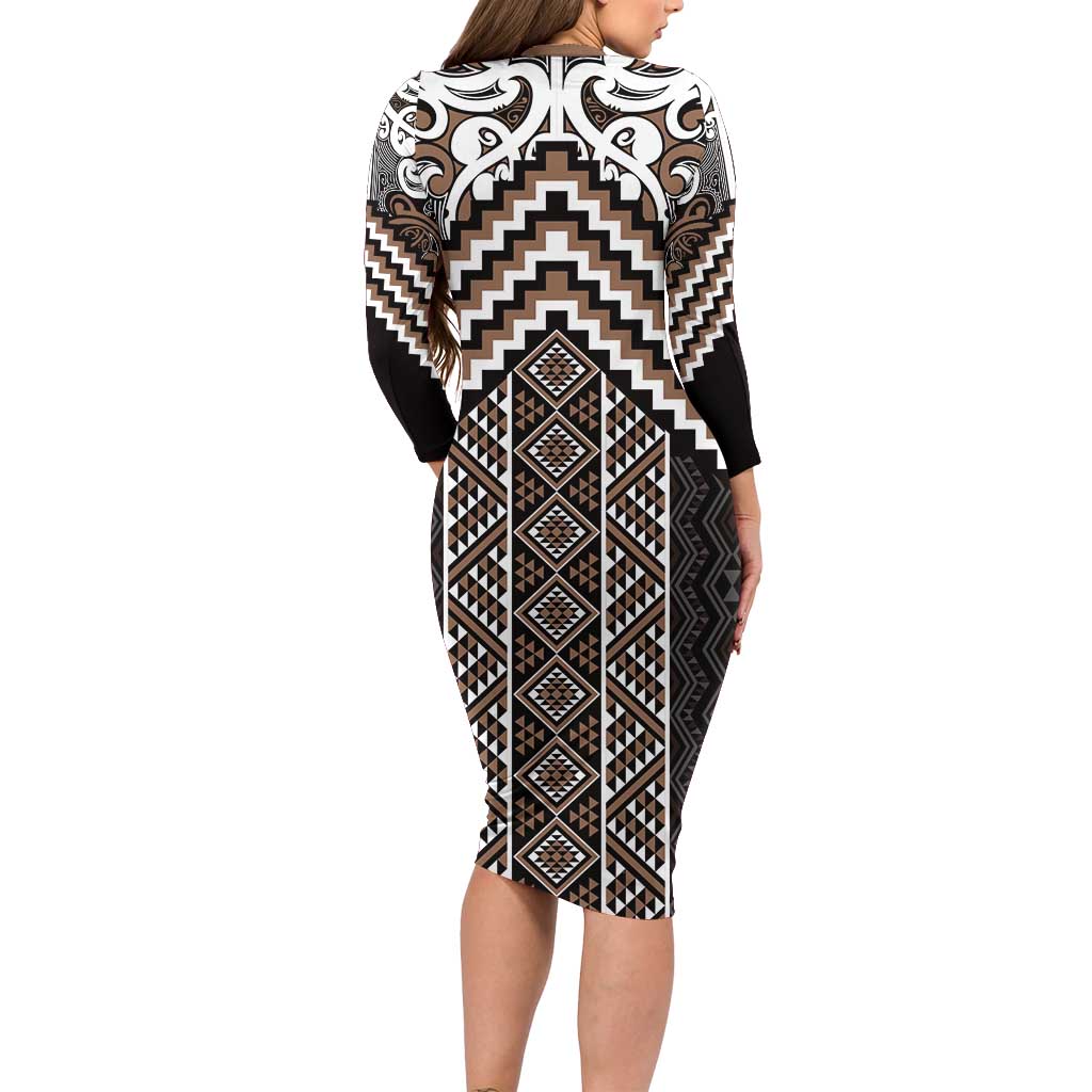 Maori Tukutuku Taniko Motifs Long Sleeve Bodycon Dress Brown Poutama Mix Kowhaiwhai LT7 - Polynesian Pride