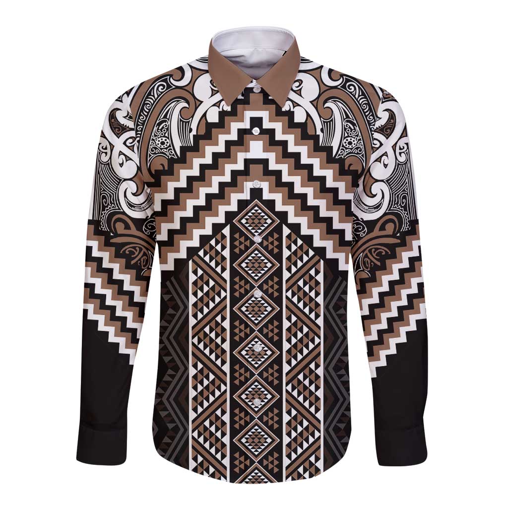 Maori Tukutuku Taniko Motifs Long Sleeve Button Shirt Brown Poutama Mix Kowhaiwhai