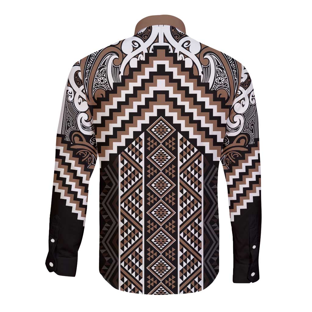 Maori Tukutuku Taniko Motifs Long Sleeve Button Shirt Brown Poutama Mix Kowhaiwhai