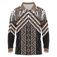 Maori Tukutuku Taniko Motifs Long Sleeve Polo Shirt Brown Poutama Mix Kowhaiwhai