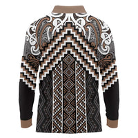 Maori Tukutuku Taniko Motifs Long Sleeve Polo Shirt Brown Poutama Mix Kowhaiwhai