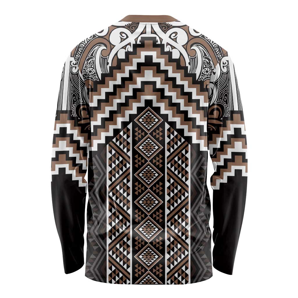 Maori Tukutuku Taniko Motifs Long Sleeve Shirt Brown Poutama Mix Kowhaiwhai