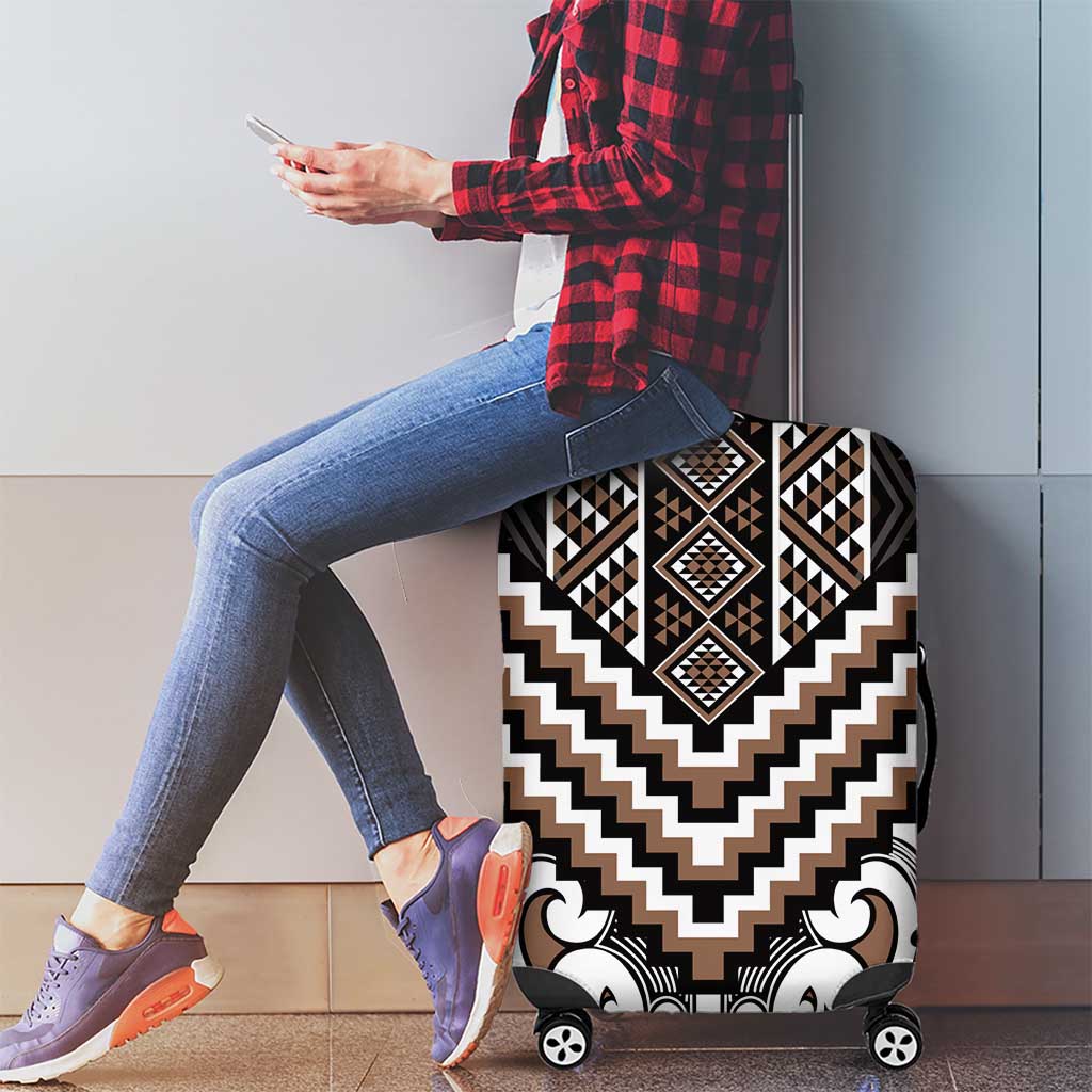 Maori Tukutuku Taniko Motifs Luggage Cover Brown Poutama Mix Kowhaiwhai
