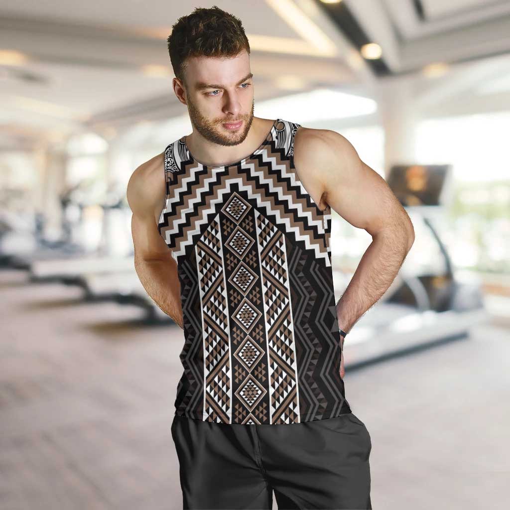 Maori Tukutuku Taniko Motifs Men Tank Top Brown Poutama Mix Kowhaiwhai