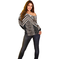 Maori Tukutuku Taniko Motifs Off Shoulder Sweater Brown Poutama Mix Kowhaiwhai