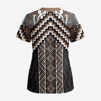 Maori Tukutuku Taniko Motifs Scrub Top Brown Poutama Mix Kowhaiwhai - Polynesian Pride