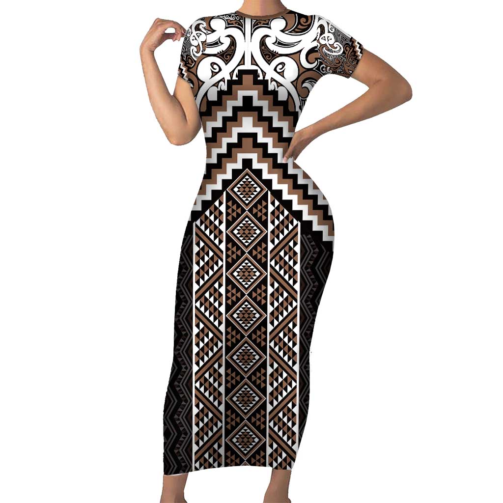 Maori Tukutuku Taniko Motifs Short Sleeve Bodycon Dress Brown Poutama Mix Kowhaiwhai LT7 Long Dress Brown - Polynesian Pride