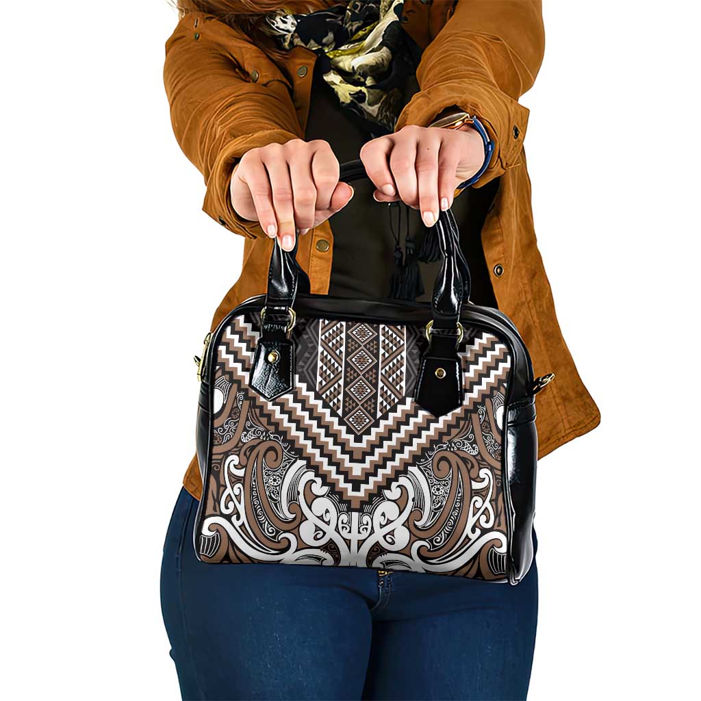 Maori Tukutuku Taniko Motifs Shoulder Handbag Brown Poutama Mix Kowhaiwhai