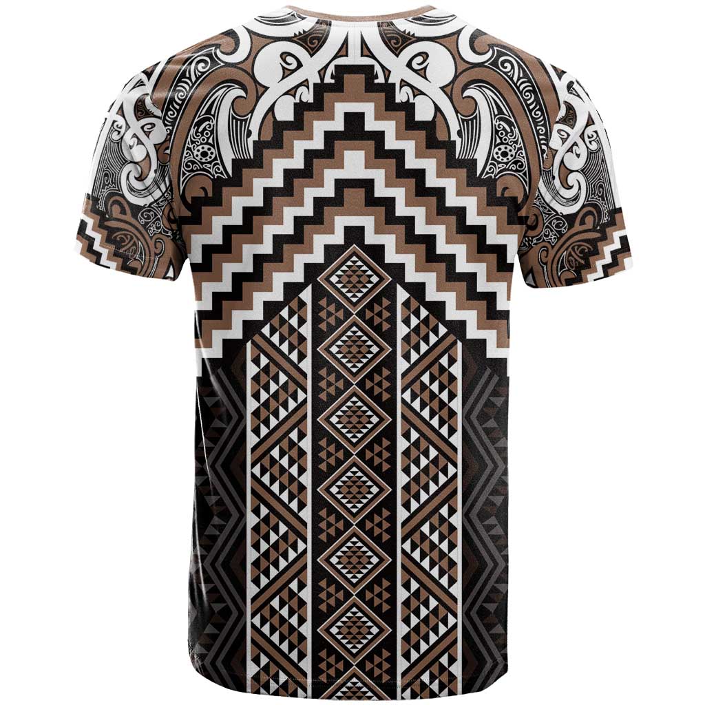 Maori Tukutuku Taniko Motifs T Shirt Brown Poutama Mix Kowhaiwhai