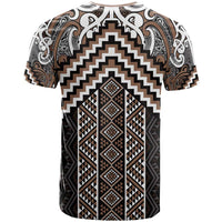 Maori Tukutuku Taniko Motifs T Shirt Brown Poutama Mix Kowhaiwhai