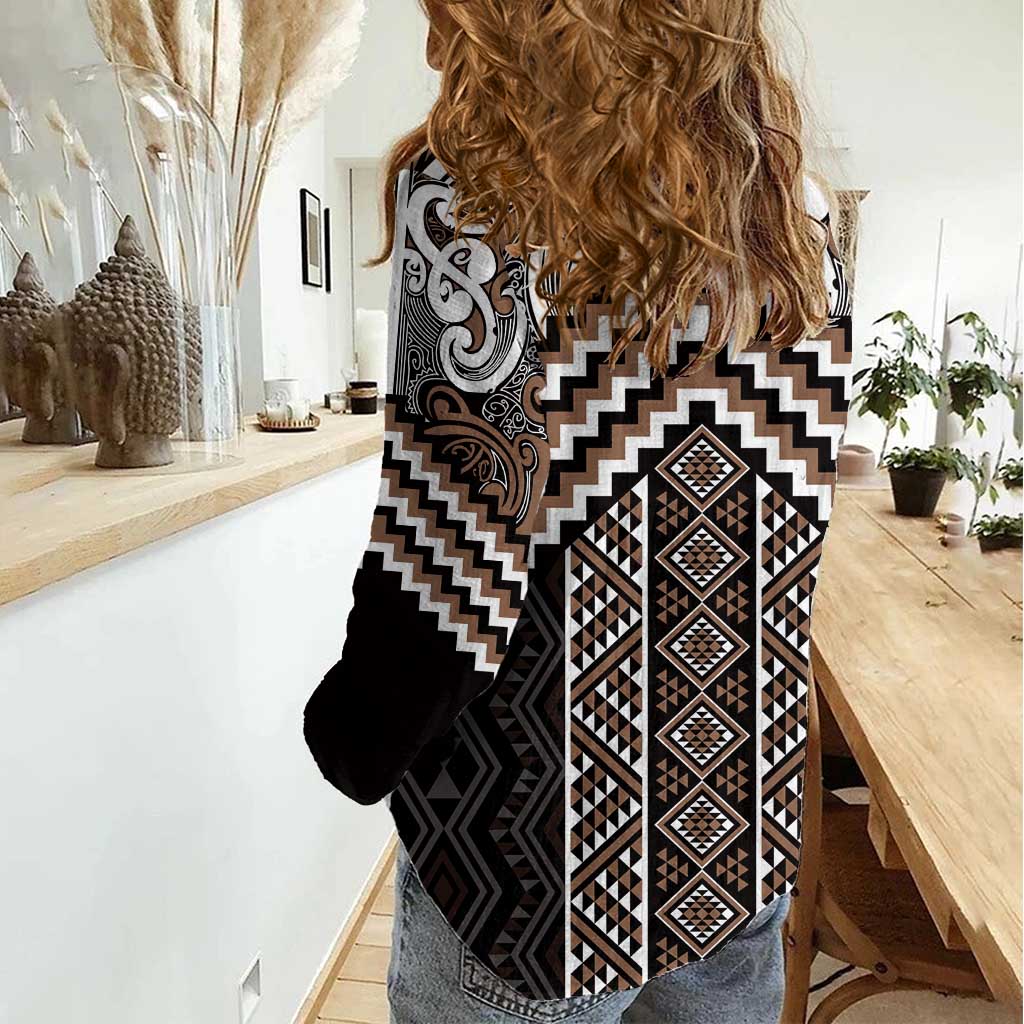 Maori Tukutuku Taniko Motifs Women Casual Shirt Brown Poutama Mix Kowhaiwhai LT7 - Polynesian Pride