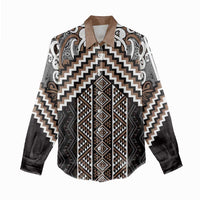 Maori Tukutuku Taniko Motifs Women Casual Shirt Brown Poutama Mix Kowhaiwhai LT7 - Polynesian Pride