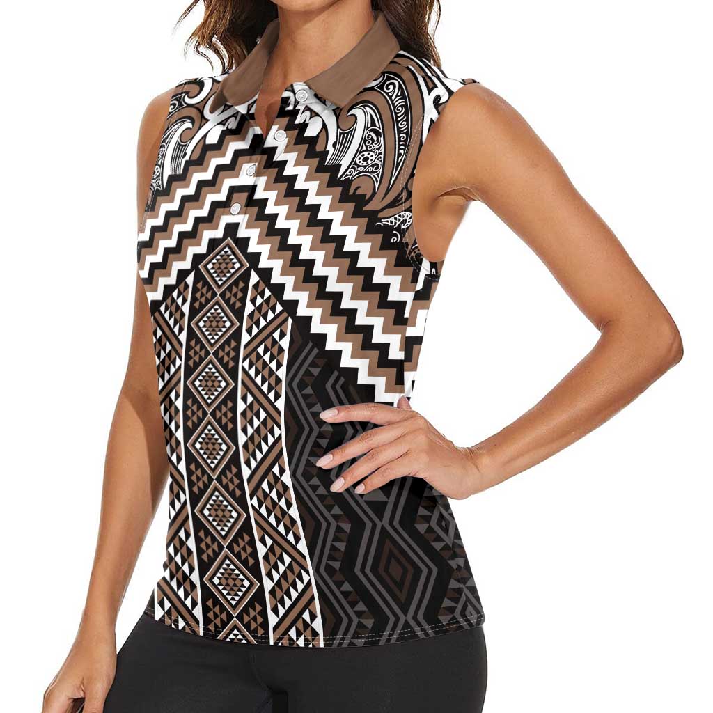 Maori Tukutuku Taniko Motifs Women Sleeveless Polo Shirt Brown Poutama Mix Kowhaiwhai