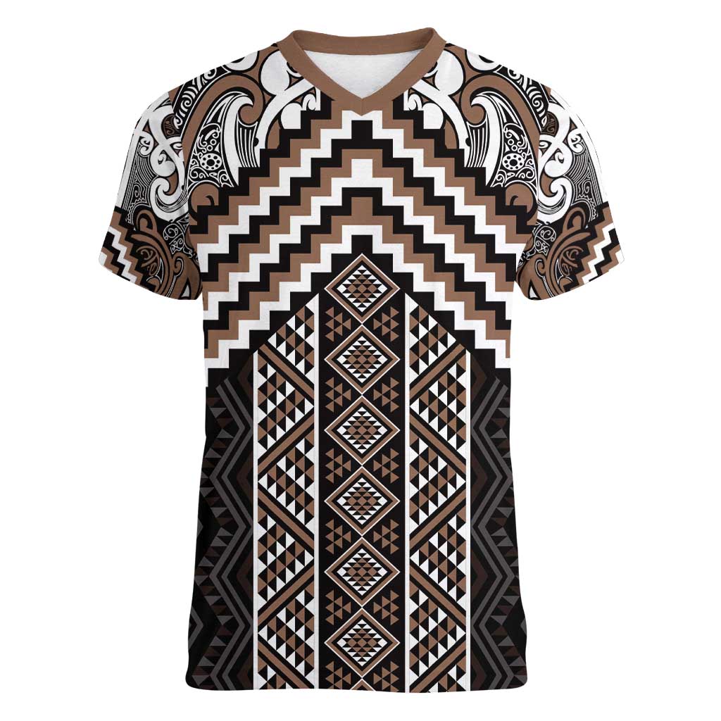 Maori Tukutuku Taniko Motifs Women V-Neck T-Shirt Brown Poutama Mix Kowhaiwhai