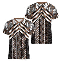 Maori Tukutuku Taniko Motifs Women V-Neck T-Shirt Brown Poutama Mix Kowhaiwhai