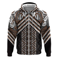 Maori Tukutuku Taniko Motifs Zip Hoodie Brown Poutama Mix Kowhaiwhai LT7 Zip Hoodie Brown - Polynesian Pride