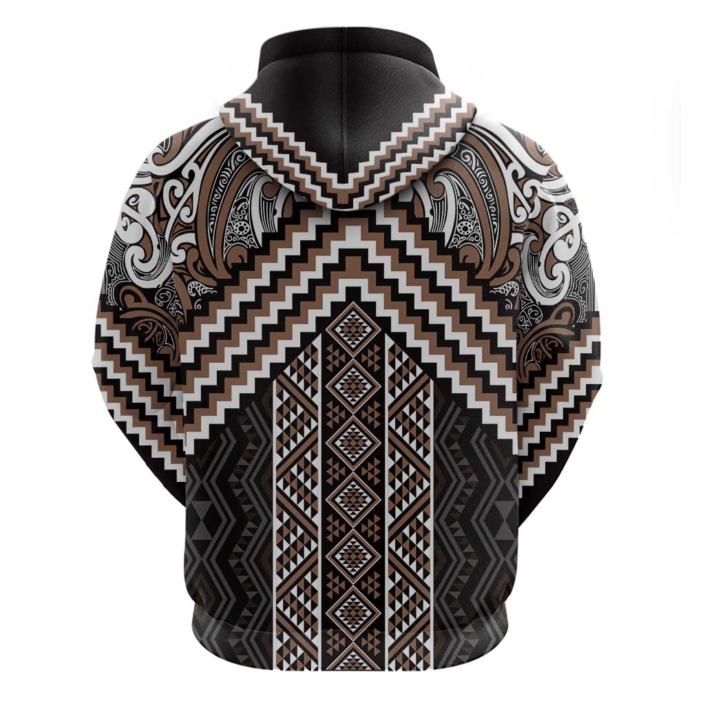 Maori Tukutuku Taniko Motifs Zip Hoodie Brown Poutama Mix Kowhaiwhai LT7 - Polynesian Pride