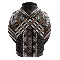 Maori Tukutuku Taniko Motifs Zip Hoodie Brown Poutama Mix Kowhaiwhai LT7 - Polynesian Pride