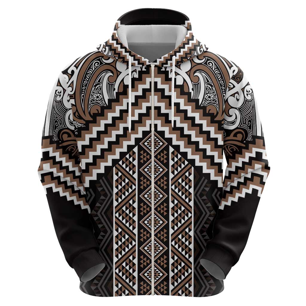 Maori Tukutuku Taniko Motifs Zip Hoodie Brown Poutama Mix Kowhaiwhai LT7 - Polynesian Pride
