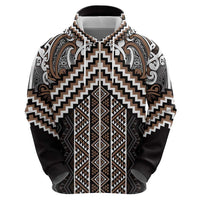 Maori Tukutuku Taniko Motifs Zip Hoodie Brown Poutama Mix Kowhaiwhai LT7 - Polynesian Pride