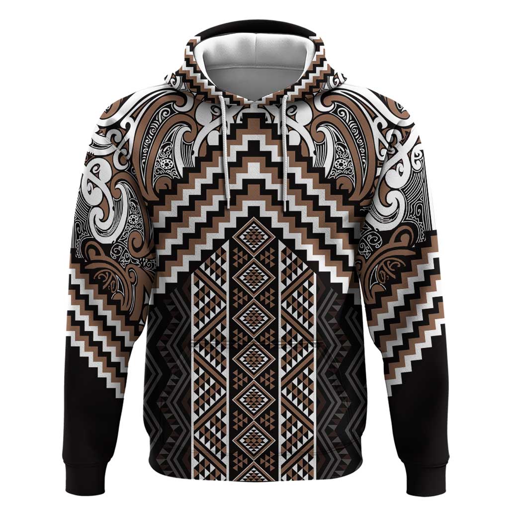 Maori Tukutuku Taniko Motifs Zip Hoodie Brown Poutama Mix Kowhaiwhai LT7 Pullover Hoodie Brown - Polynesian Pride