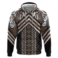 Maori Tukutuku Taniko Motifs Zip Hoodie Brown Poutama Mix Kowhaiwhai LT7 Pullover Hoodie Brown - Polynesian Pride