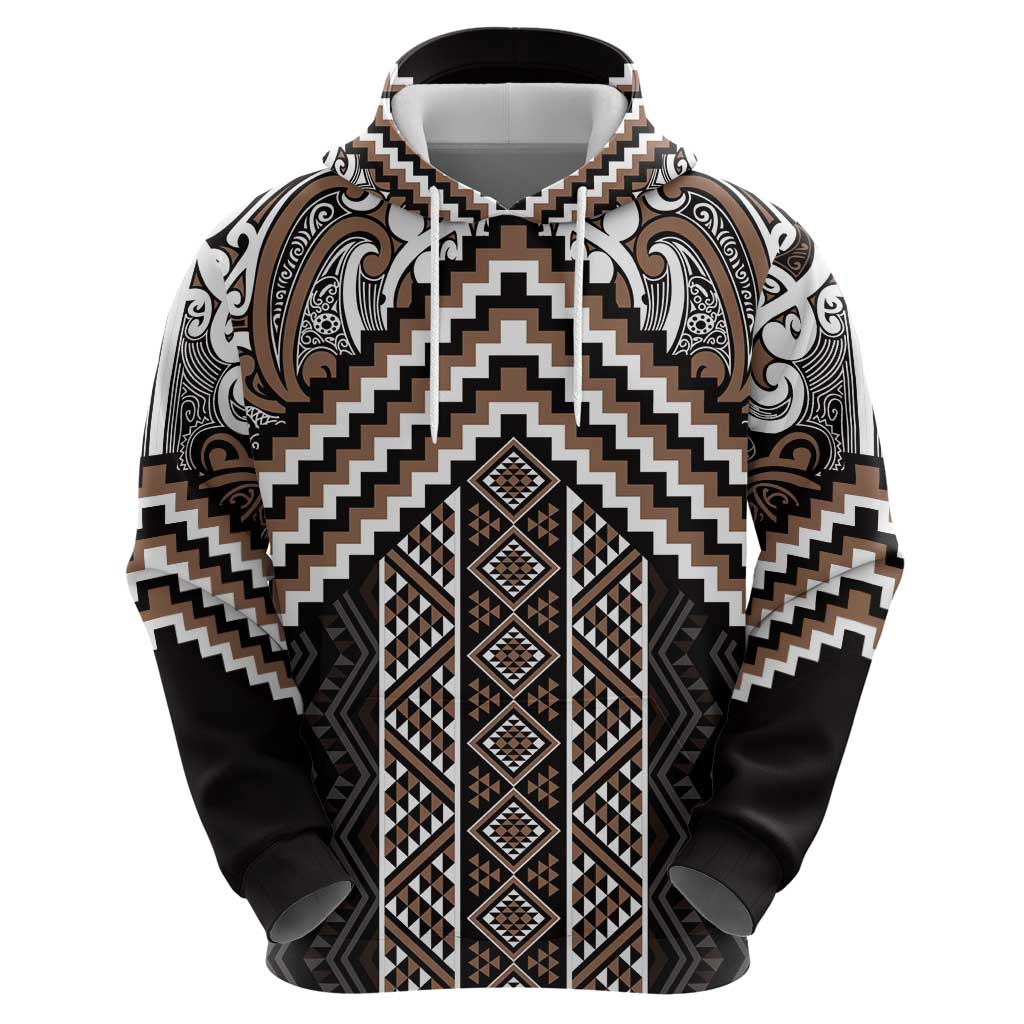 Maori Tukutuku Taniko Motifs Zip Hoodie Brown Poutama Mix Kowhaiwhai LT7 - Polynesian Pride