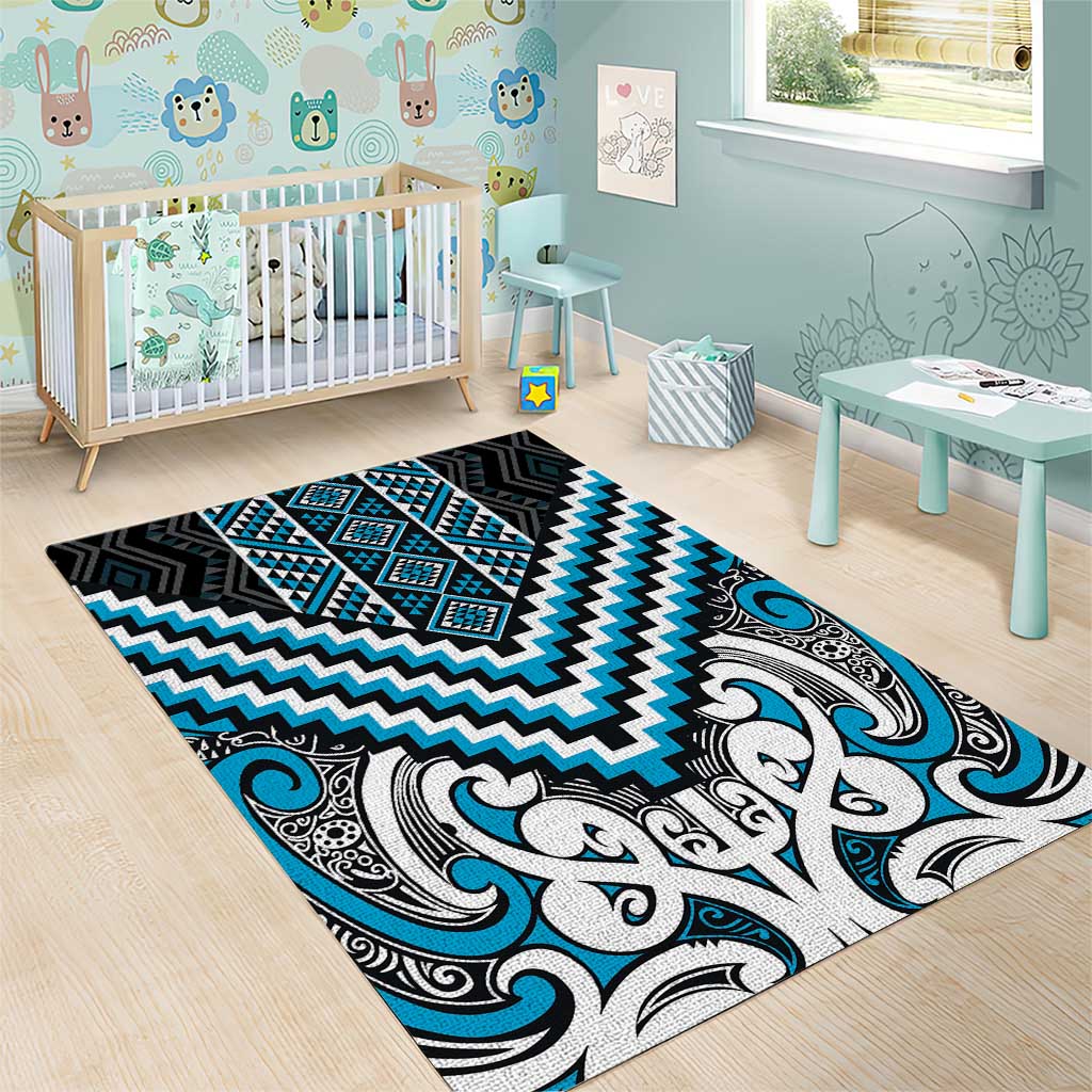 Maori Tukutuku Taniko Motifs Area Rug Turquoise Poutama Mix Kowhaiwhai