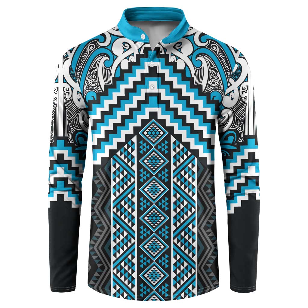 Maori Tukutuku Taniko Motifs Button Sweatshirt Turquoise Poutama Mix Kowhaiwhai