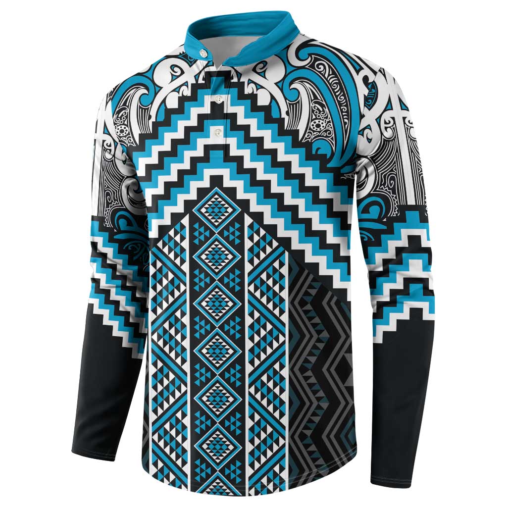 Maori Tukutuku Taniko Motifs Button Sweatshirt Turquoise Poutama Mix Kowhaiwhai
