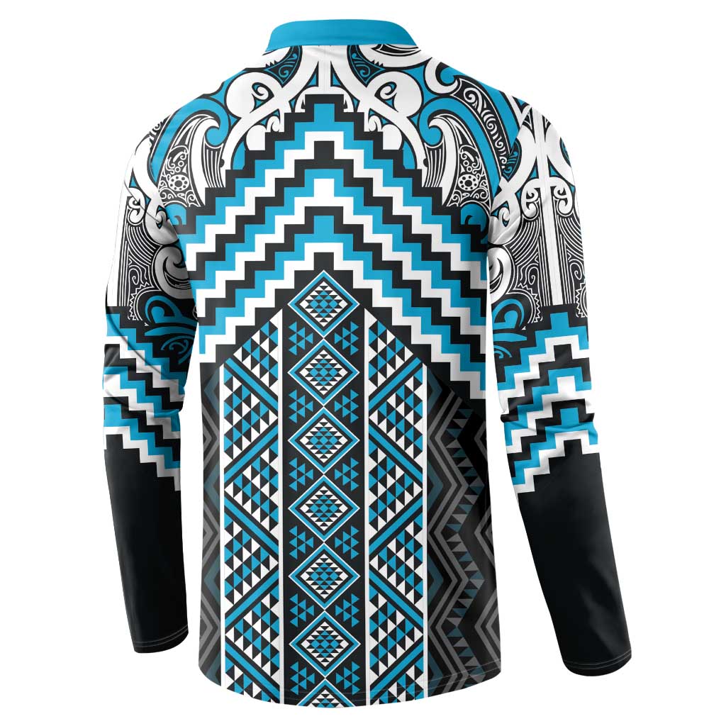 Maori Tukutuku Taniko Motifs Button Sweatshirt Turquoise Poutama Mix Kowhaiwhai