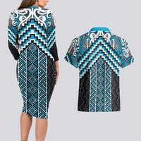Maori Tukutuku Taniko Motifs Couples Matching Long Sleeve Bodycon Dress and Hawaiian Shirt Turquoise Poutama Mix Kowhaiwhai LT7 - Polynesian Pride