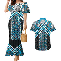 Maori Tukutuku Taniko Motifs Couples Matching Mermaid Dress and Hawaiian Shirt Turquoise Poutama Mix Kowhaiwhai LT7 Turquoise - Polynesian Pride
