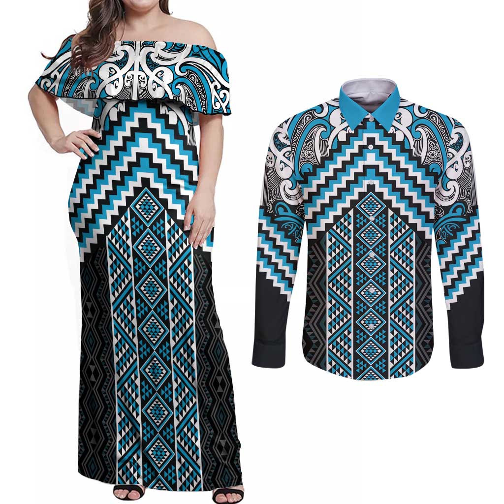 Maori Tukutuku Taniko Motifs Couples Matching Off Shoulder Maxi Dress and Long Sleeve Button Shirt Turquoise Poutama Mix Kowhaiwhai
