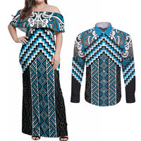 Maori Tukutuku Taniko Motifs Couples Matching Off Shoulder Maxi Dress and Long Sleeve Button Shirt Turquoise Poutama Mix Kowhaiwhai LT7 Turquoise - Polynesian Pride