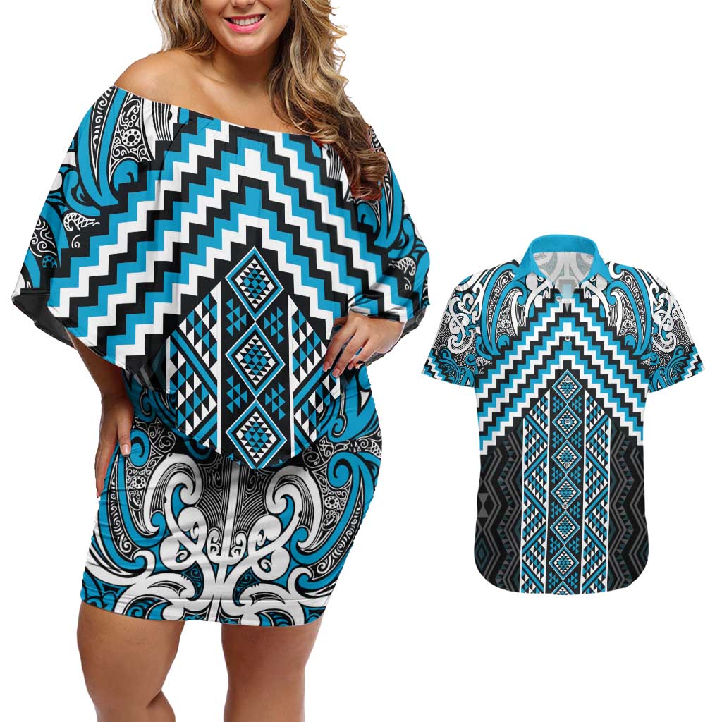 Maori Tukutuku Taniko Motifs Couples Matching Off Shoulder Short Dress and Hawaiian Shirt Turquoise Poutama Mix Kowhaiwhai LT7 Turquoise - Polynesian Pride