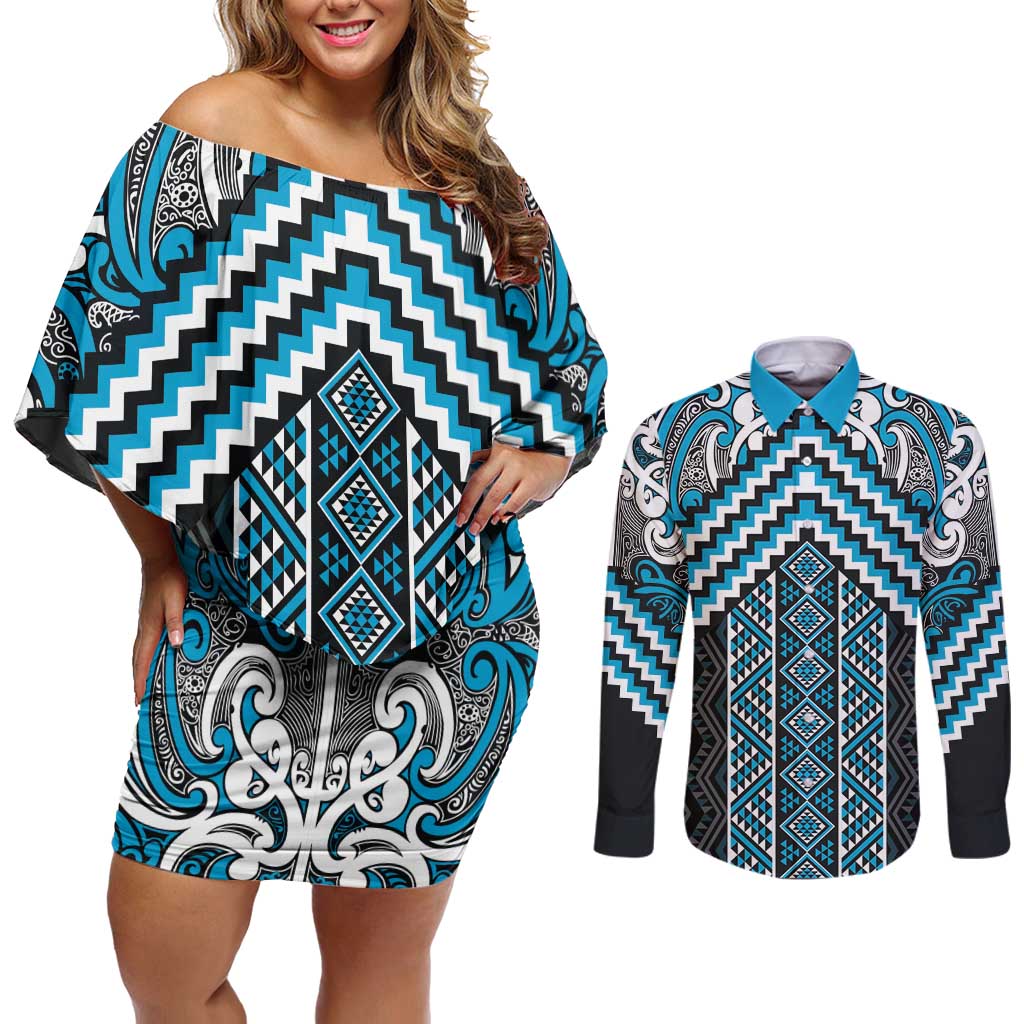 Maori Tukutuku Taniko Motifs Couples Matching Off Shoulder Short Dress and Long Sleeve Button Shirt Turquoise Poutama Mix Kowhaiwhai LT7 Turquoise - Polynesian Pride