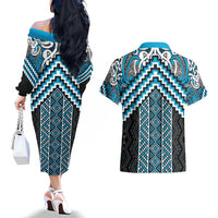 Maori Tukutuku Taniko Motifs Couples Matching Off The Shoulder Long Sleeve Dress and Hawaiian Shirt Turquoise Poutama Mix Kowhaiwhai LT7 - Polynesian Pride
