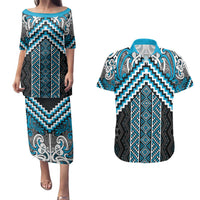 Maori Tukutuku Taniko Motifs Couples Matching Puletasi and Hawaiian Shirt Turquoise Poutama Mix Kowhaiwhai LT7 Turquoise - Polynesian Pride