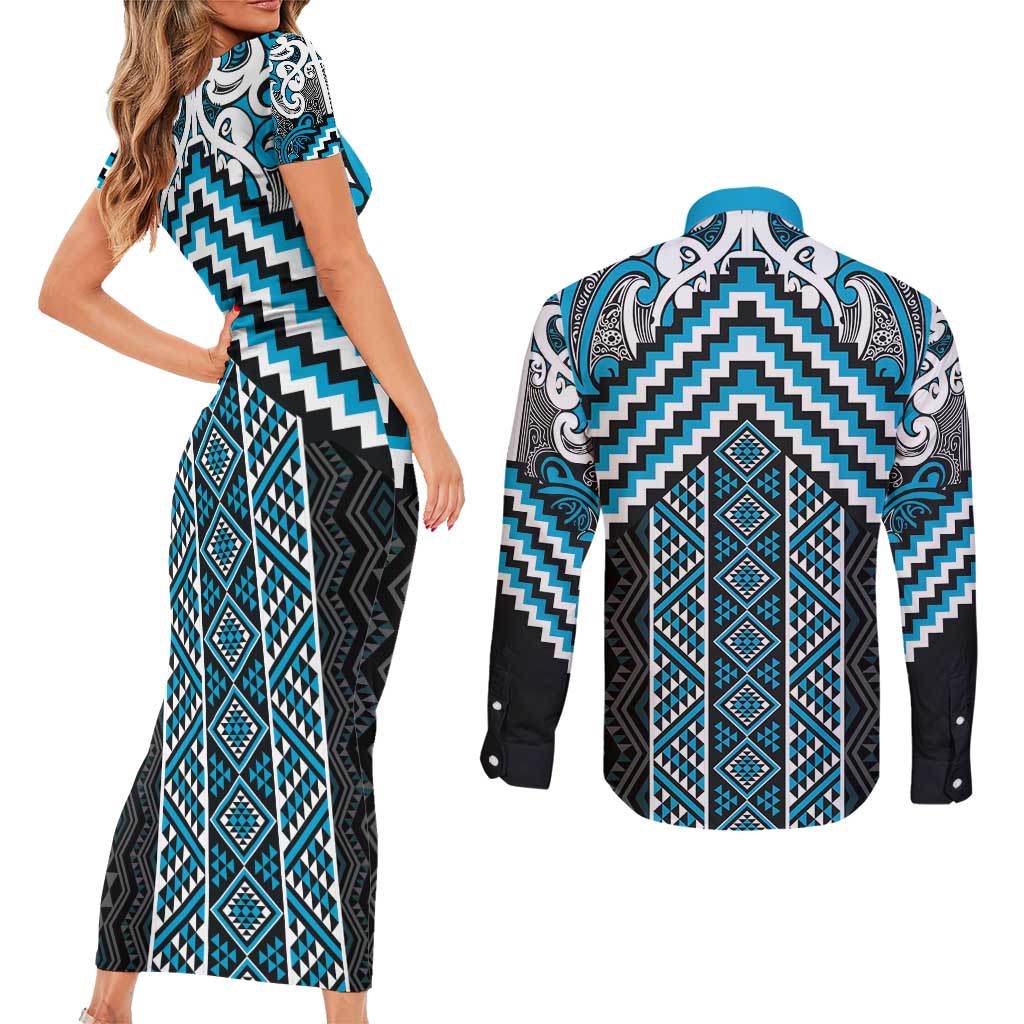 Maori Tukutuku Taniko Motifs Couples Matching Short Sleeve Bodycon Dress and Long Sleeve Button Shirt Turquoise Poutama Mix Kowhaiwhai LT7 - Polynesian Pride