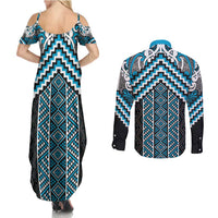 Maori Tukutuku Taniko Motifs Couples Matching Summer Maxi Dress and Long Sleeve Button Shirt Turquoise Poutama Mix Kowhaiwhai LT7 - Polynesian Pride