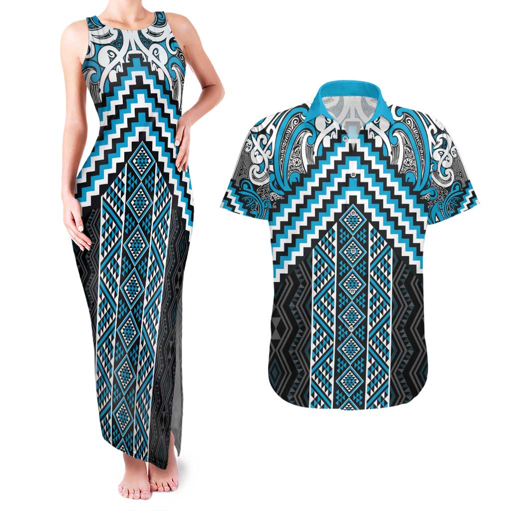 Maori Tukutuku Taniko Motifs Couples Matching Tank Maxi Dress and Hawaiian Shirt Turquoise Poutama Mix Kowhaiwhai LT7 Turquoise - Polynesian Pride