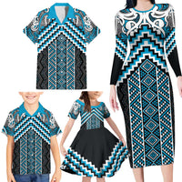 Maori Tukutuku Taniko Motifs Family Matching Long Sleeve Bodycon Dress and Hawaiian Shirt Turquoise Poutama Mix Kowhaiwhai LT7 - Polynesian Pride