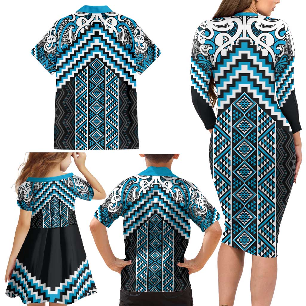 Maori Tukutuku Taniko Motifs Family Matching Long Sleeve Bodycon Dress and Hawaiian Shirt Turquoise Poutama Mix Kowhaiwhai LT7 - Polynesian Pride